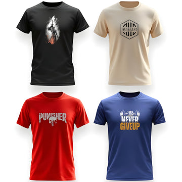 "Bundle of 4 Men's Graphic T-Shirts – AUA&CO Exclusive featuring Navy Blue, Black, Red, and Beige designs