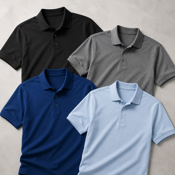 Men’s premium polo shirts collection by AUA&CO featuring black, gray, royal blue and ice blue summer polo shirts.
