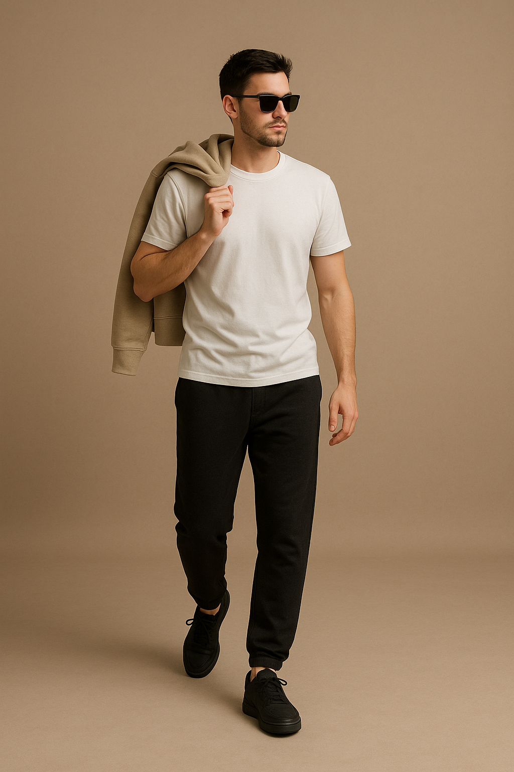 Man wearing a white t-shirt, black pants, and sunglasses against a beige background