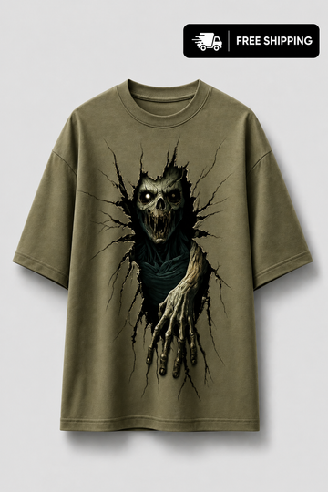 AUA&CO men’s olive green oversized baggy T-shirt with large 3D horror skull and hand graphic print on the front.