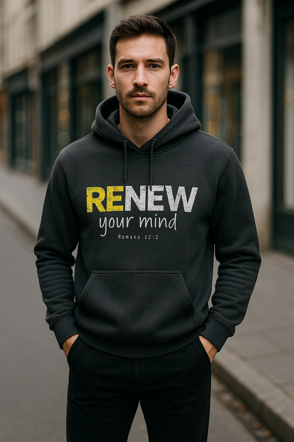 Three hoodies with different text designs on a gray background