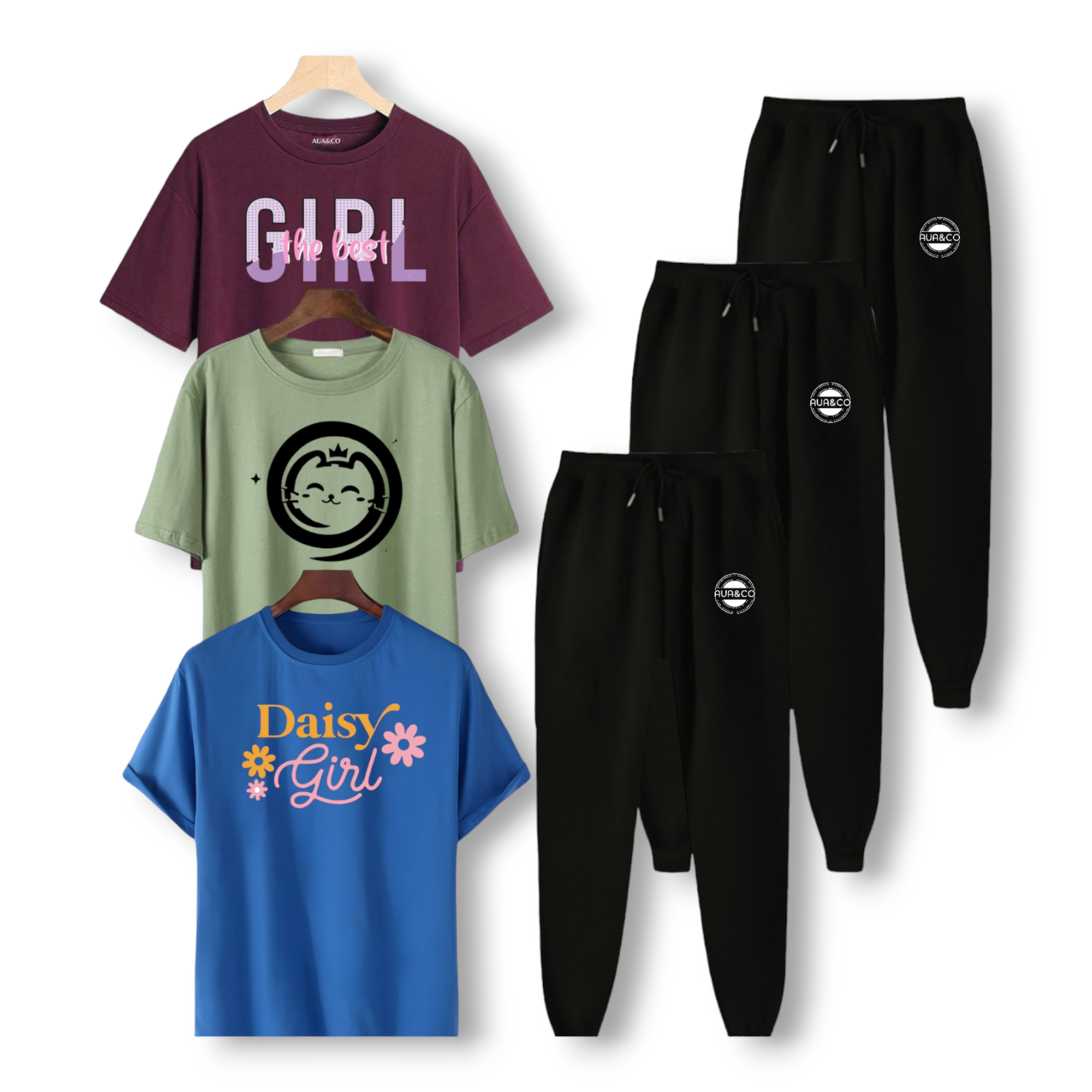 “Exclusive sale on AUA&CO’s bundle of 3 printed T-shirts in green, blue, and maroon, paired with black trousers for women, perfect for summer.”