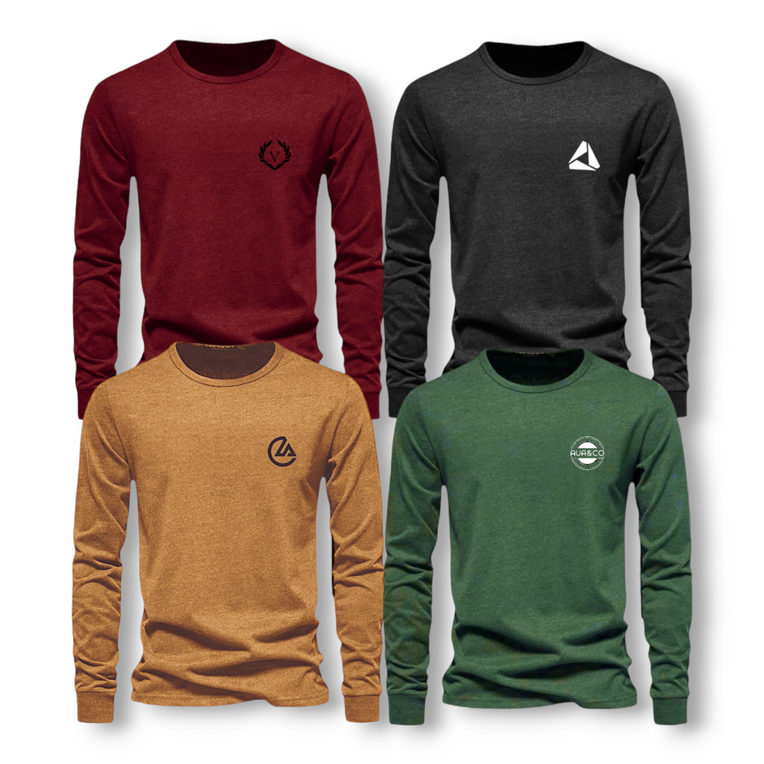 “Summer sale: AUA&CO’s trendy bundle of 4 full-sleeve T-shirts featuring unique logos, in light brown, maroon, black, and dark green, perfect for men’s fashion.”
