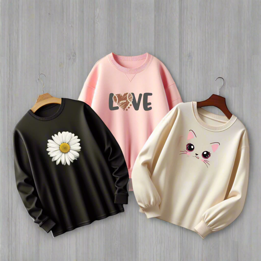 "Pack of 3 AUA&CO Women's Sweatshirts: One cream beige sweatshirt with a Caty print, one black sweatshirt with a sunflower print, and one pink sweatshirt with stylish love writing, all made from soft fleece for warmth and comfort."