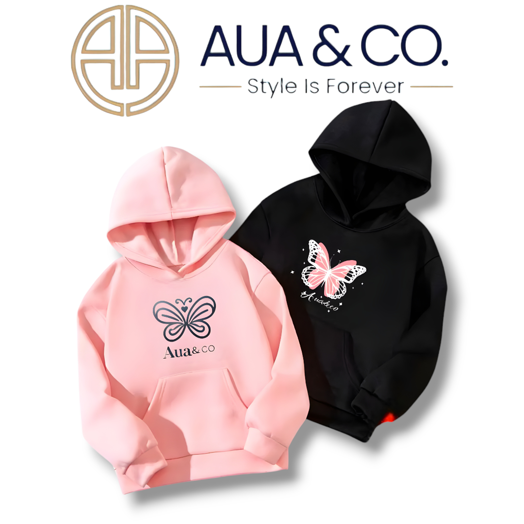 "Pack of 2 AUA&CO Women's Hoodies: One pink hoodie and one black hoodie, both featuring a unique butterfly print, crafted from high-quality fleece for warmth and comfort during winter."