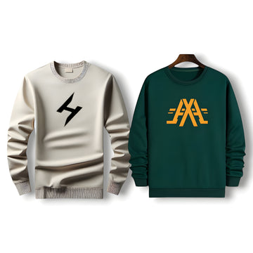 "AUA&CO Winter Fleece Sweatshirt Bundle featuring two sweatshirts in beige and dark green, with premium fleece material, iconic logo designs, and a comfortable fit. Perfect for casual wear and winter warmth."