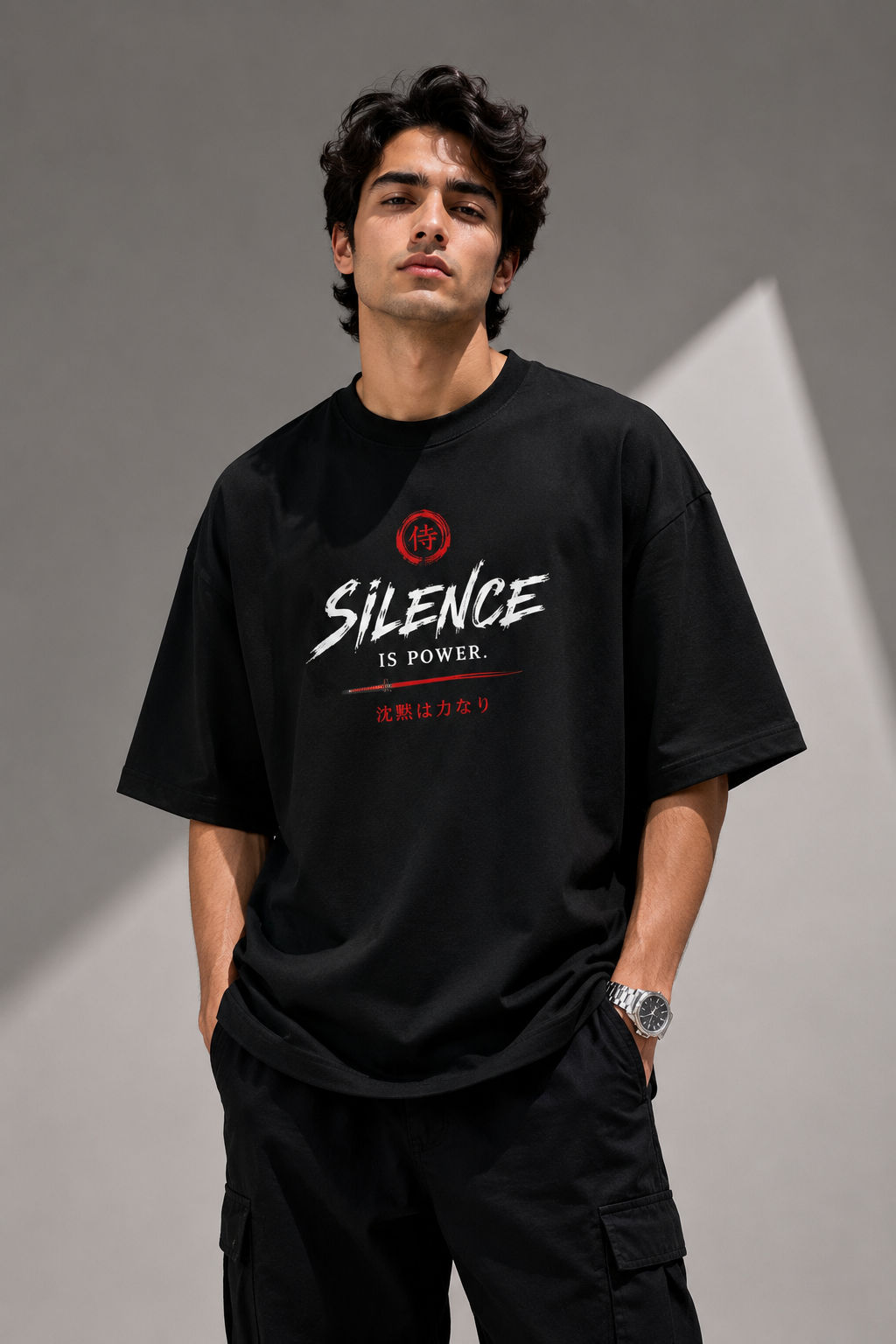 A man wearing a black short-sleeve graphic t-shirt with 'SILENCE IS POWER.' printed in white and red on the front, paired with black cargo pants, standing against a gray studio background with dramatic lighting.
