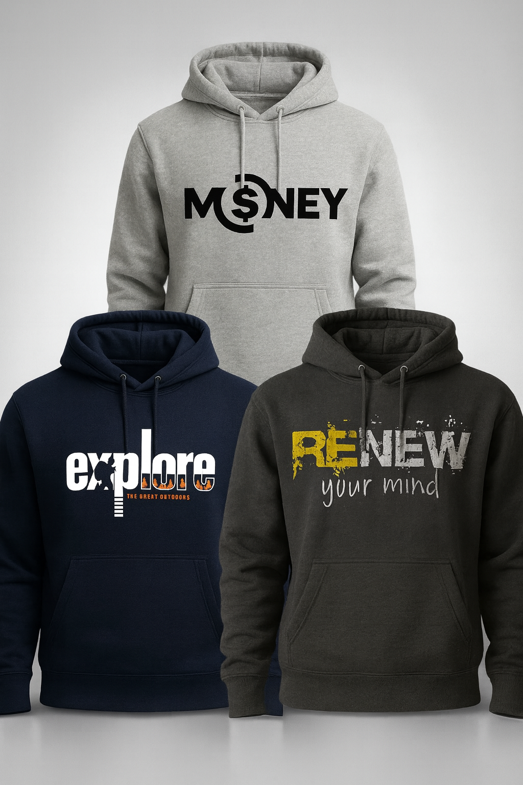 Three hoodies with different text designs on a gray background