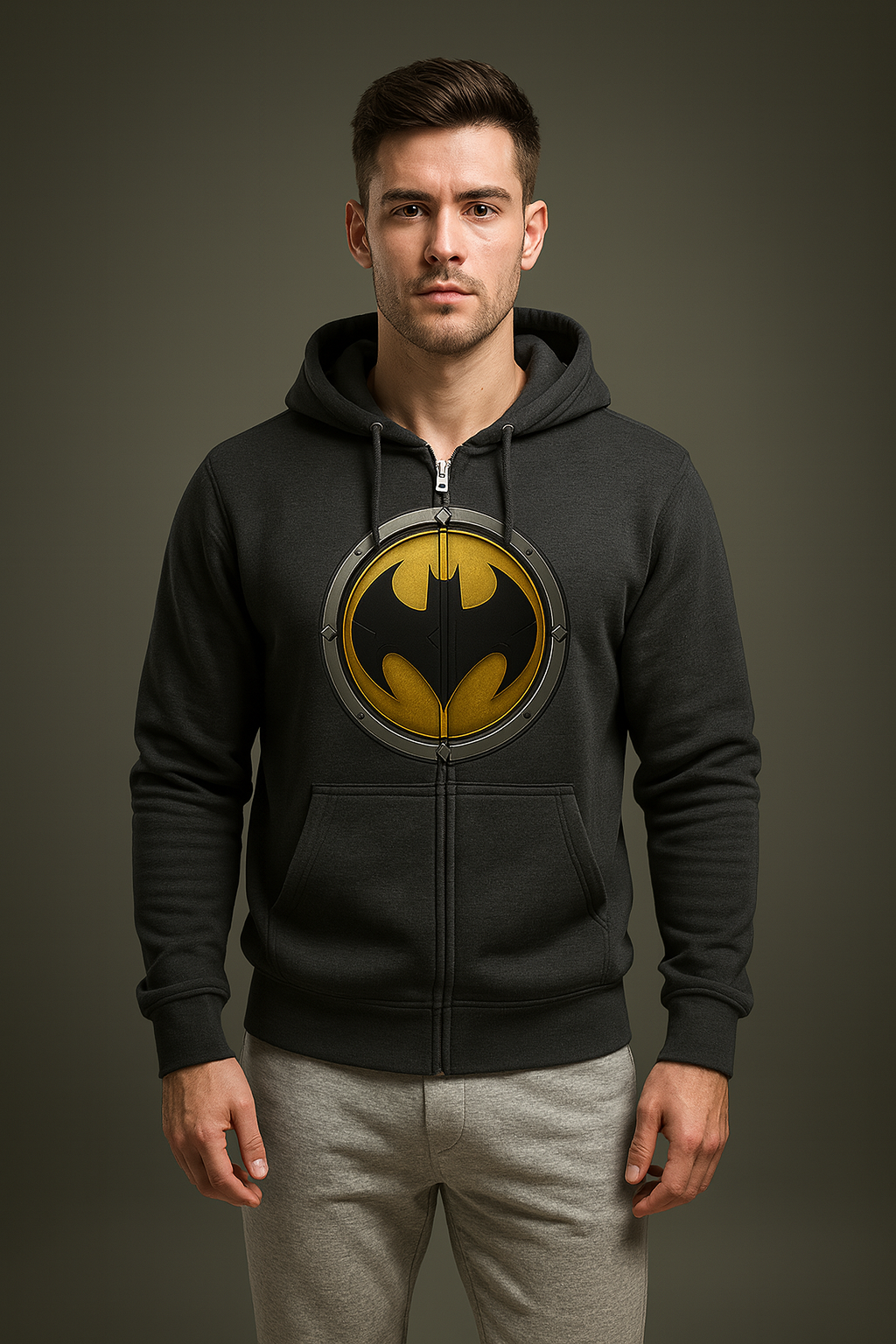 Man wearing a black hoodie with a yellow and black logo on a gray background