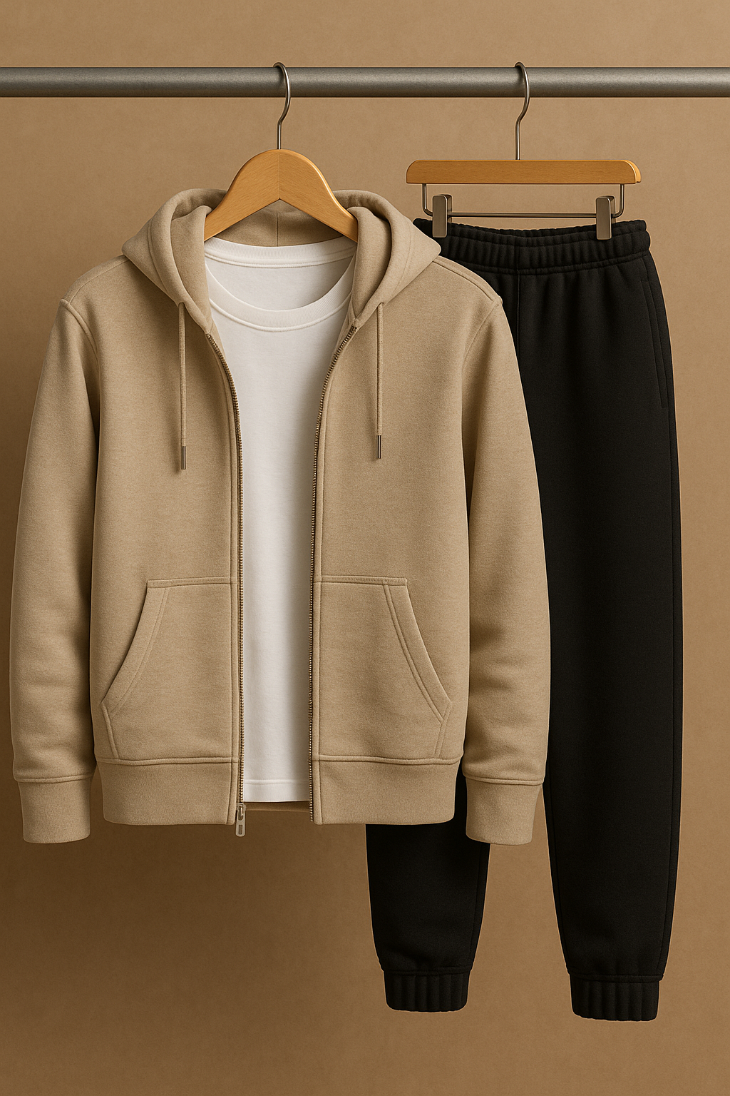 Beige hoodie, white t-shirt, and black trouser on hangers against a beige background