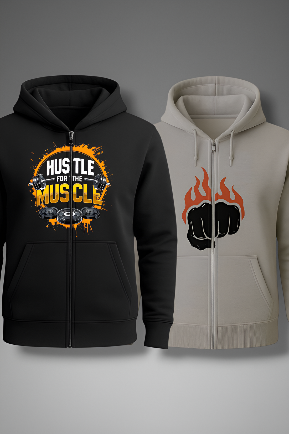 Black and Gray hoodies with motivational graphics on a gray background