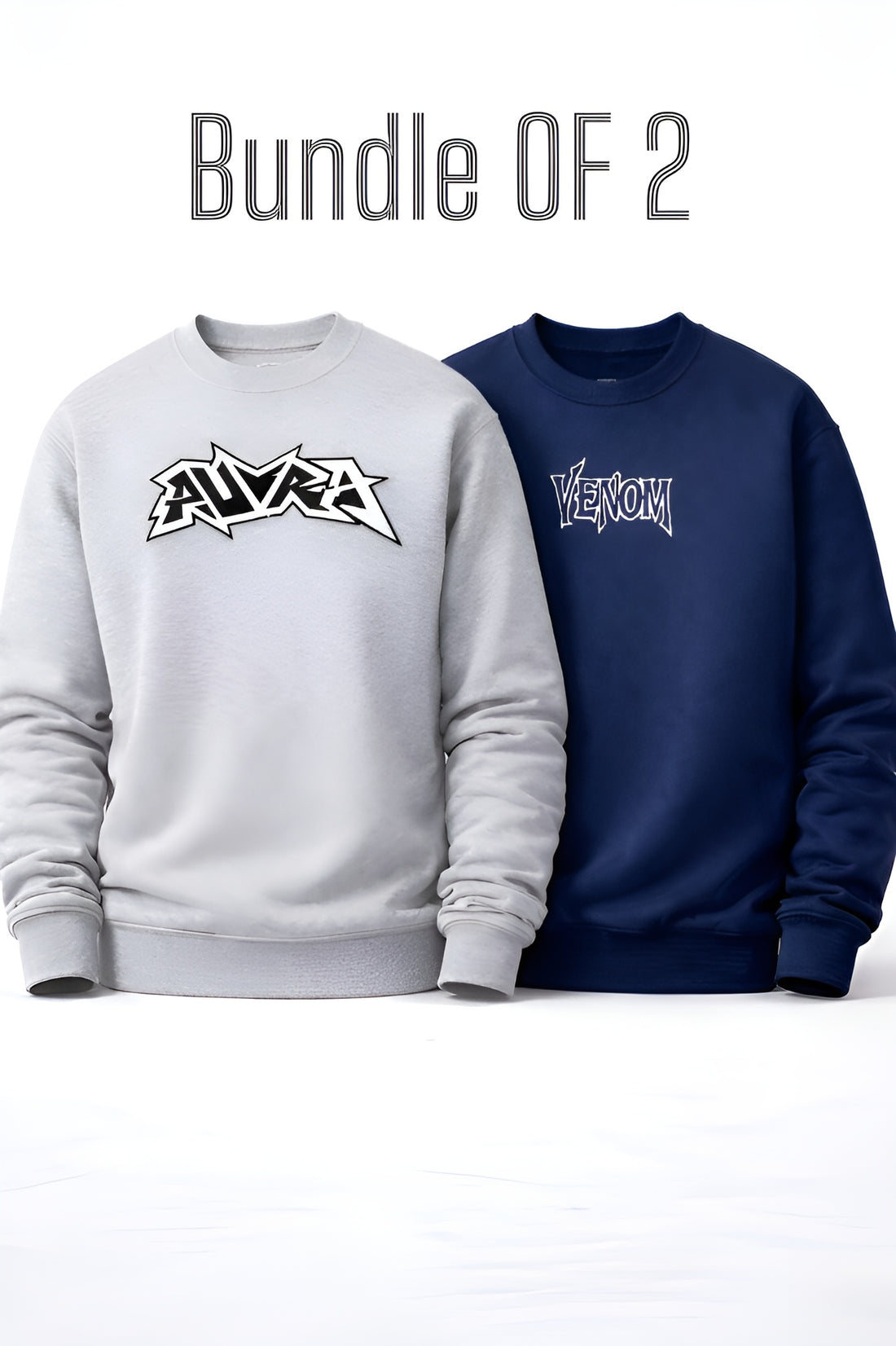 Two sweatshirts, one gray and one blue, with visible branding on a white background.