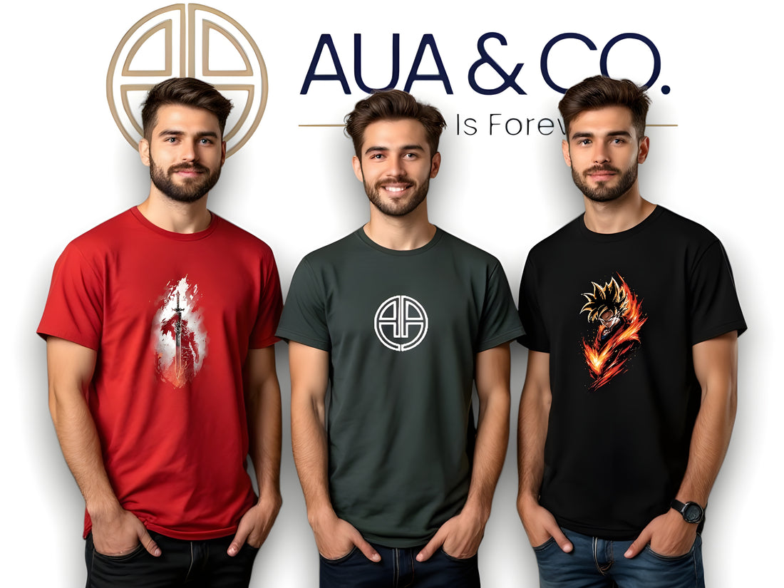  Bundle of 3 Men's Graphic T-Shirts – AUA & CO. t-shirts in red, green, and black. The red t-shirt features a sword design, the green one has a minimalist logo, and the black one showcases a fiery anime-style character