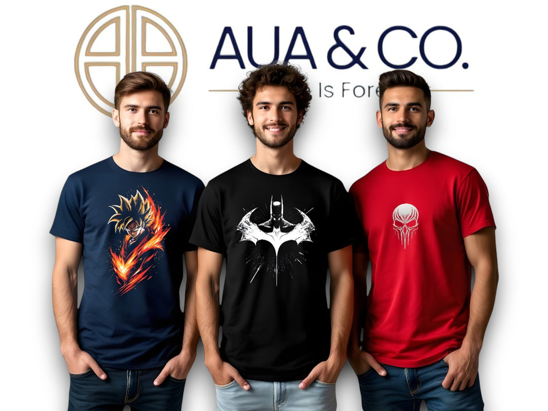 bundle of 3 half-sleeve graphic t-shirts in navy blue, black, and red, featuring bold printed designs,