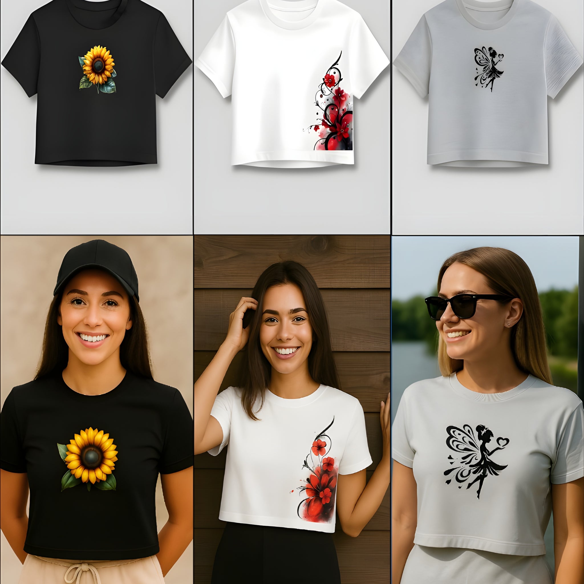 "Bundle of 3 women's crop t-shirts featuring sunflower print, red floral art, and black fairy design – stylish summer wear set"