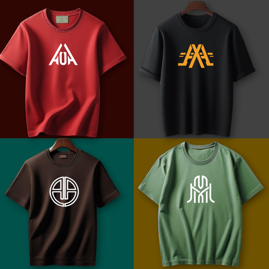 "Pack of 4 Summer Men's Half Sleeve T-shirts by AUA&CO, featuring red, black, brown, and green casual wear with unique logos."