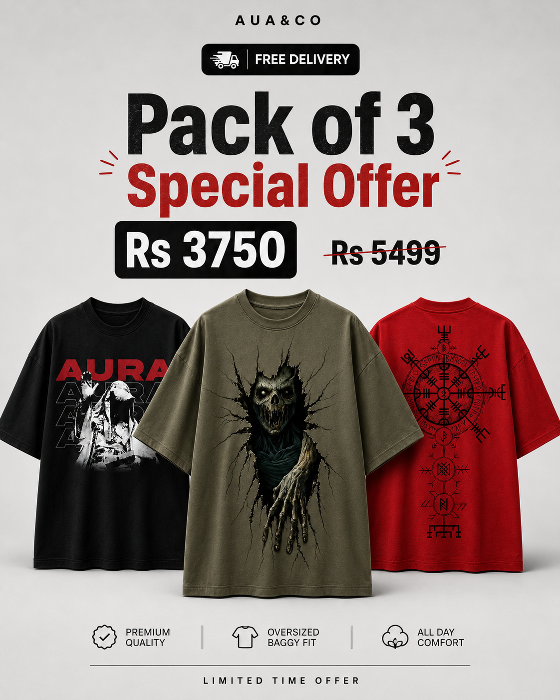Special Offer Men’s Pack of 3 Oversized Graphic T-Shirts – Black, Olive Green & Red