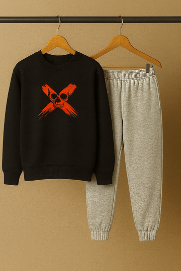 Men’s Skull X Winter Sweatshirt & Jogger Set – Black & Light Grey (Cotton Fleece)