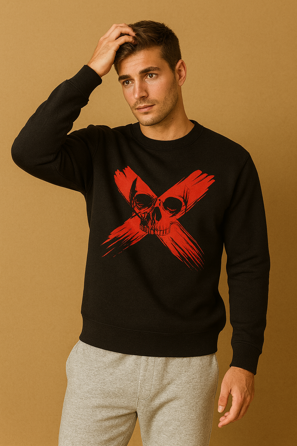 Men’s Skull X Winter Sweatshirt & Jogger Set – Black & Light Grey (Cotton Fleece)