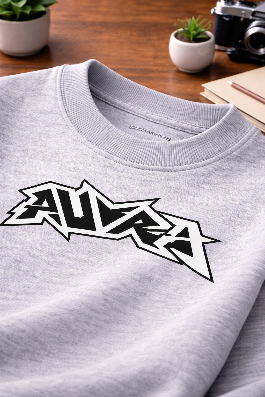 Gray sweatshirt with a black and white graphic design on a wooden surface with plants and a camera.