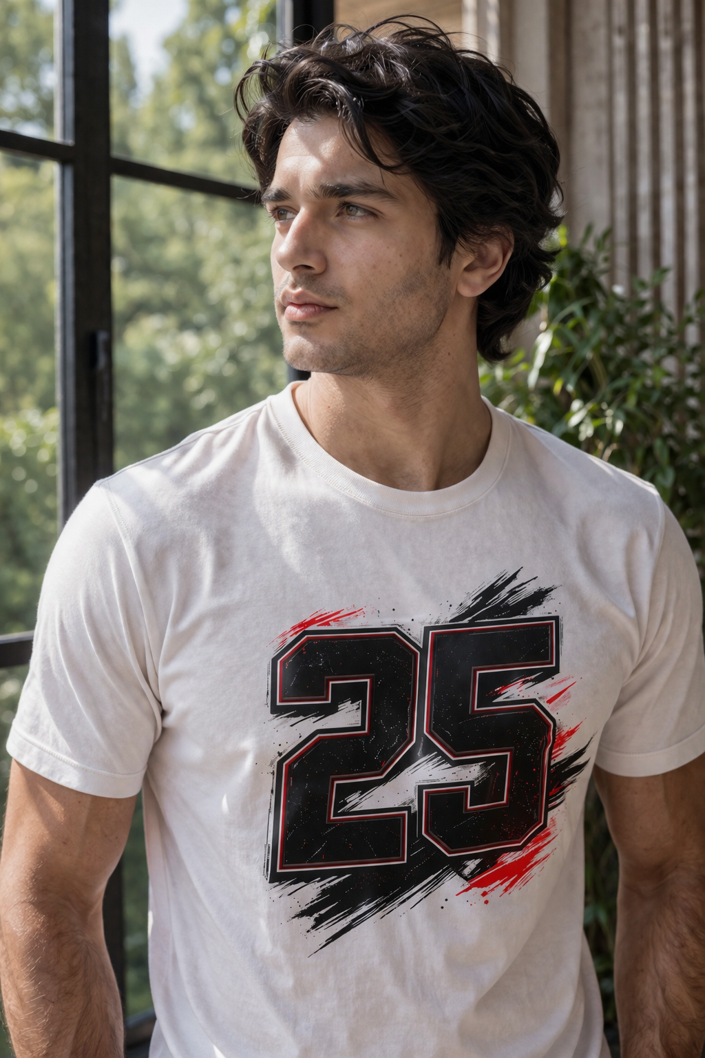 Man wearing a white t-shirt with the number 25 design, standing outdoors.