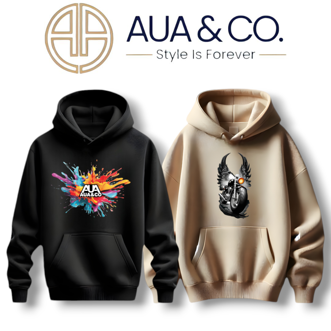 "Bundle of 2 AUA&CO Men's Winter Hoodies: One black hoodie with a bold AUA&CO graphic print and one beige hoodie featuring a unique flying bike print, both crafted from premium fleece for warmth and comfort."
