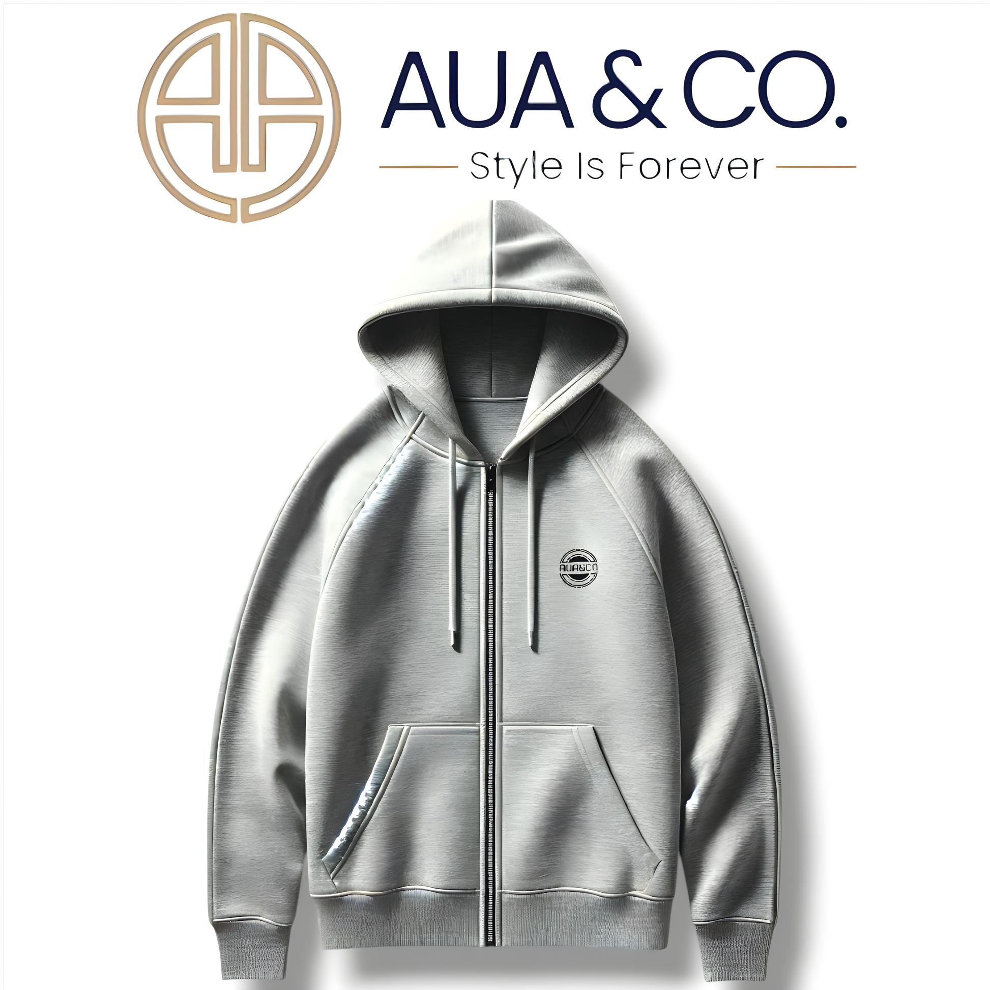 "Gray zipper hoodie by AUA&CO with front pockets and an adjustable hood, made from soft, durable fabric."