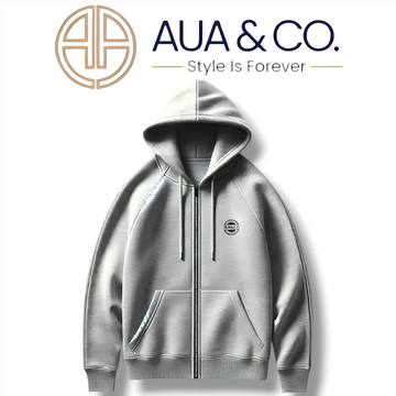 "Gray zipper hoodie by AUA&CO with front pockets and an adjustable hood, made from soft, durable fabric."