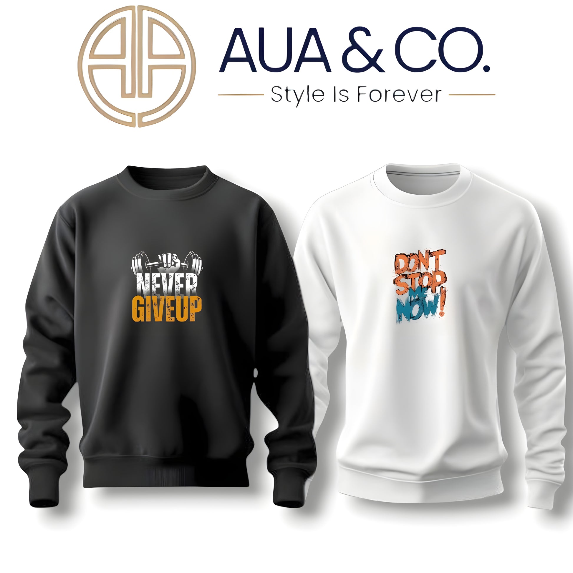 Two men's sweatshirts, one in black and one in white, with motivational text prints.