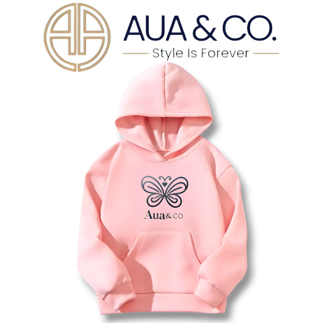 "Pack of 2 AUA&CO Women's Hoodies: One pink hoodie and one black hoodie, both featuring a unique butterfly print, crafted from high-quality fleece for warmth and comfort during winter."