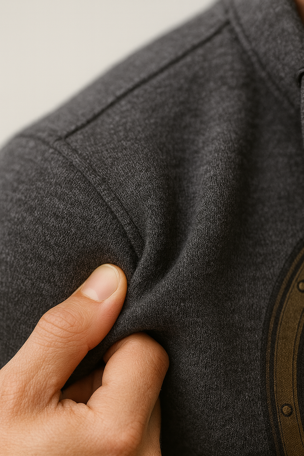 Close-up of a hand touching the sleeve of a gray garment.