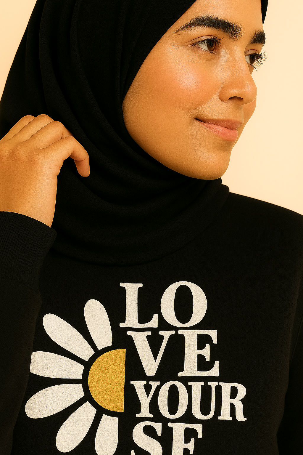 Woman wearing a black hoodie with a white daisy and 'LOVE YOURSELF' text on a beige background
