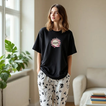 AUA&CO 🖤 Women's Summer Night Suit – Black Logo Tee With Printed Random Pajama