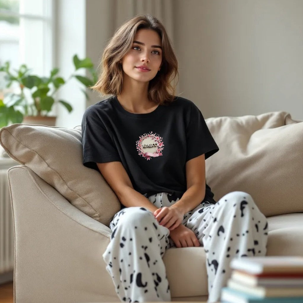 AUA&CO 🖤 Women's Summer Night Suit – Black Logo Tee With Printed Random Pajama