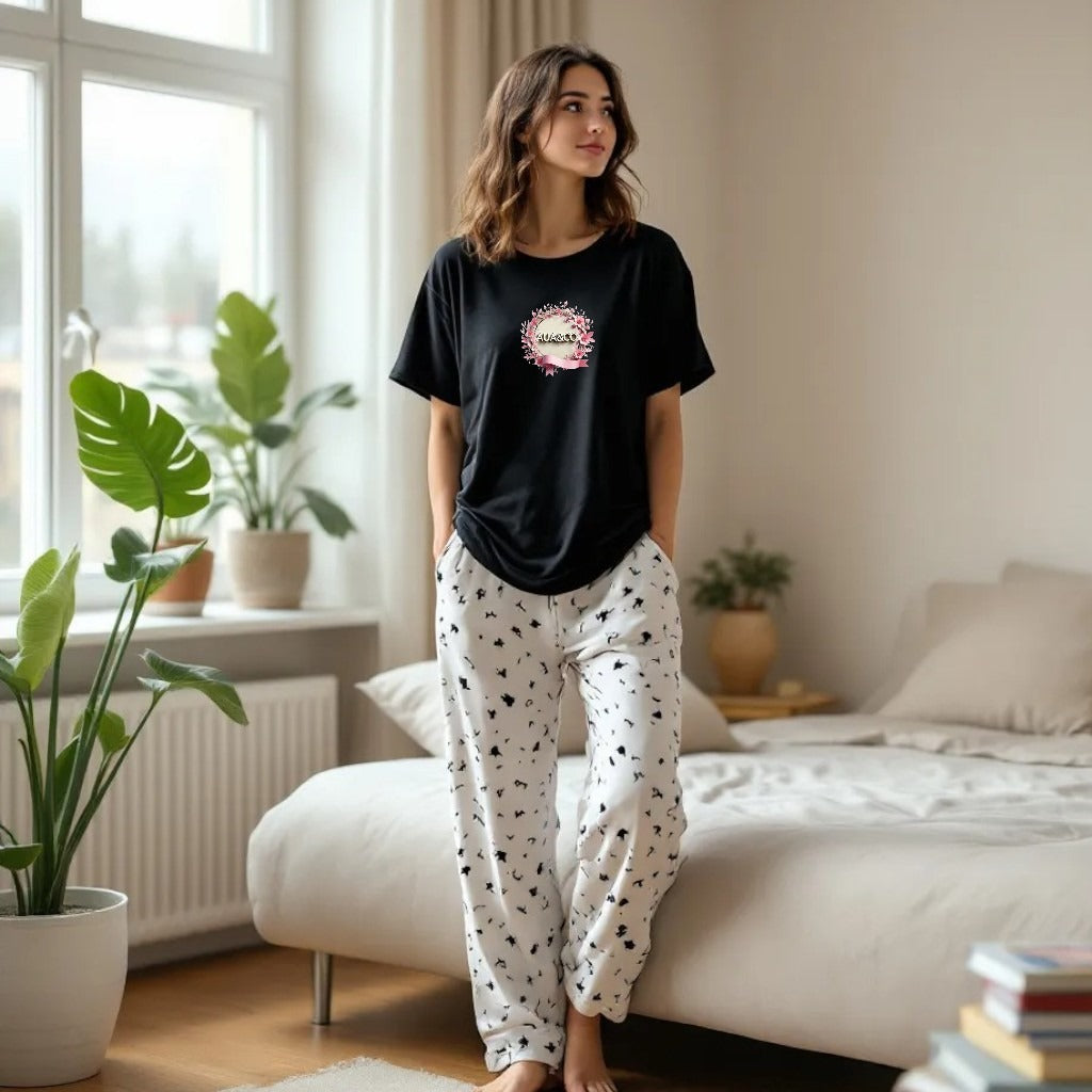 AUA&CO 🖤 Women's Summer Night Suit – Black Logo Tee With Printed Random Pajama