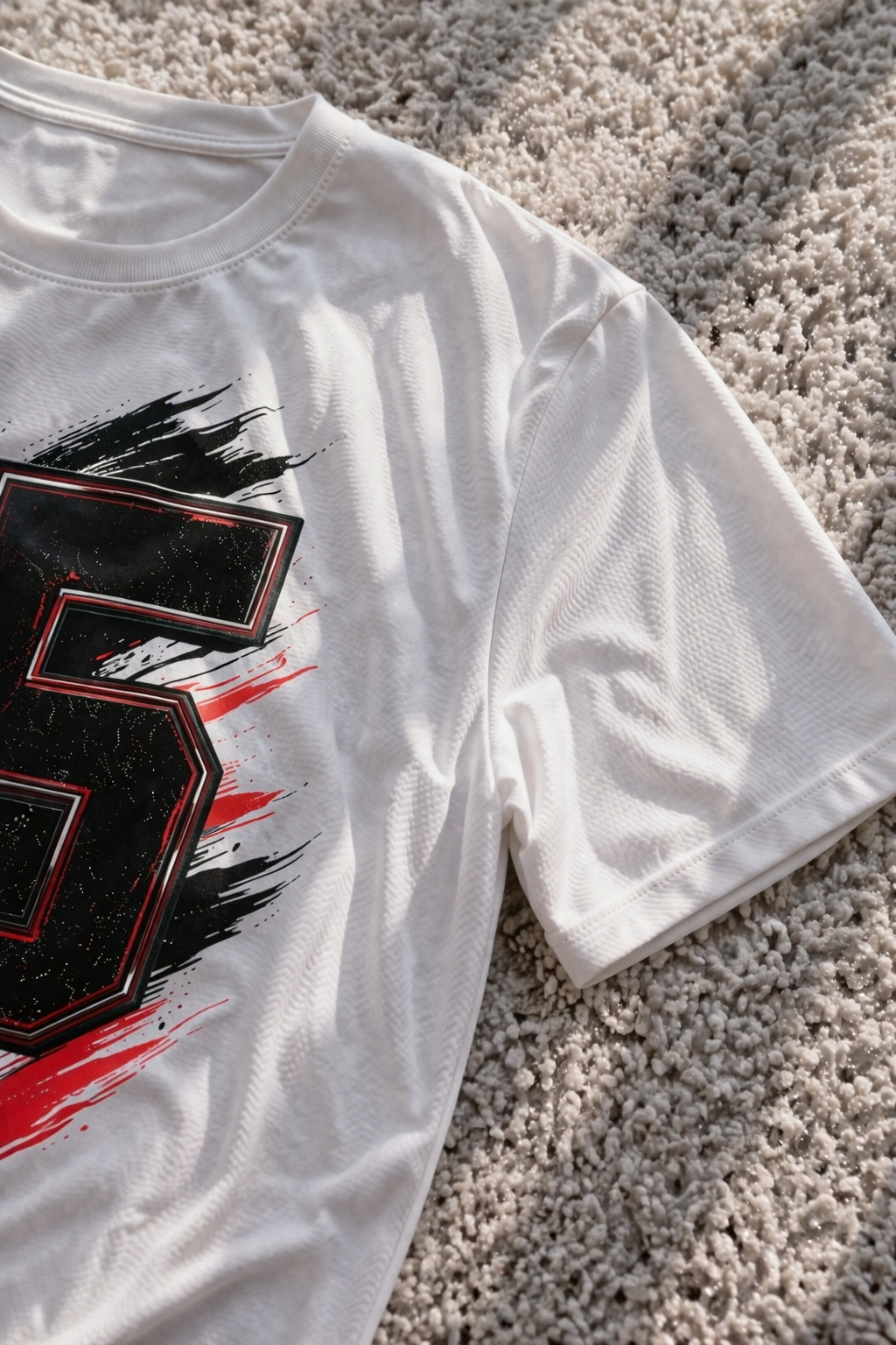 White t-shirt with a black and red graphic design on a textured surface