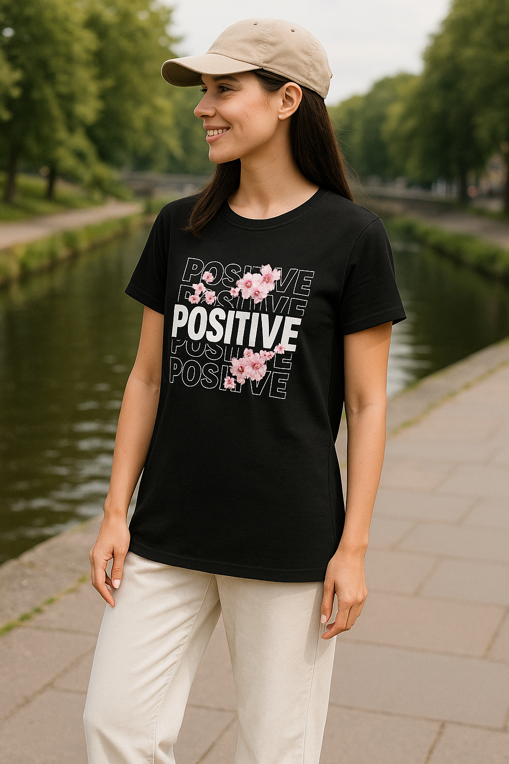 "Smiling young woman wearing AUA&CO black floral long t-shirt and white loose trousers near riverside – side pose"