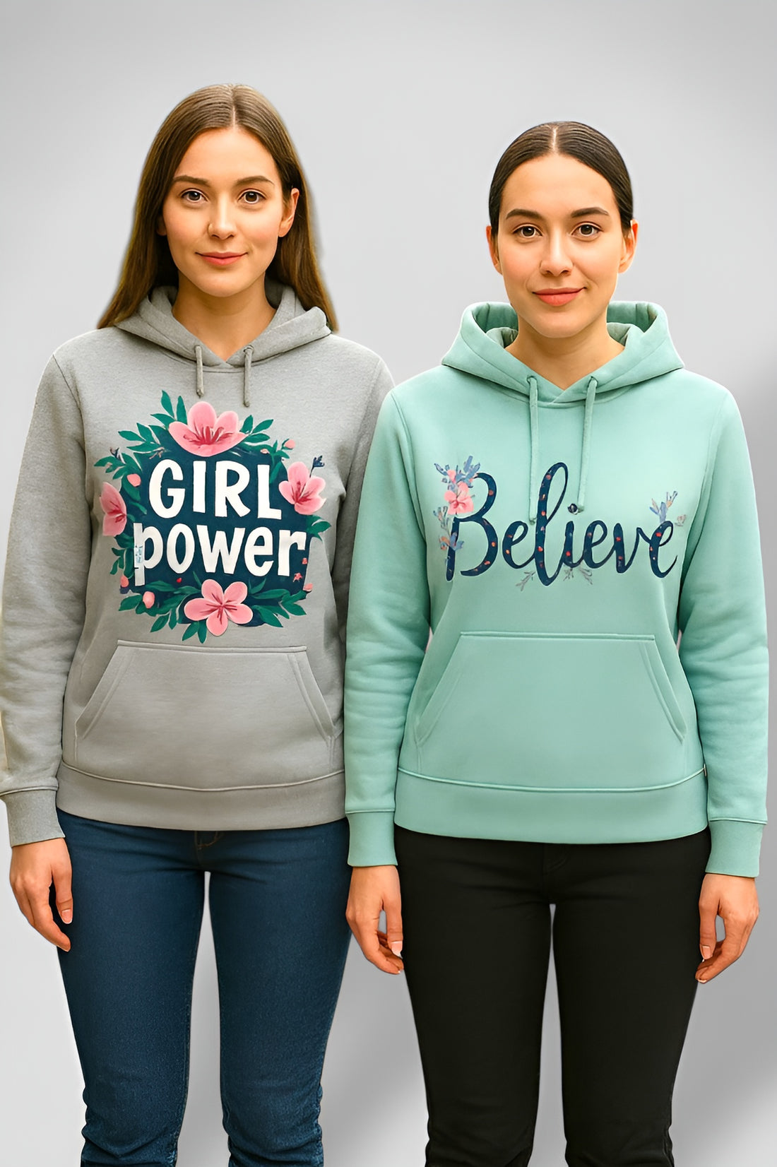 Two people wearing hoodies with 'Girl power' and 'Believe' text on a gray background