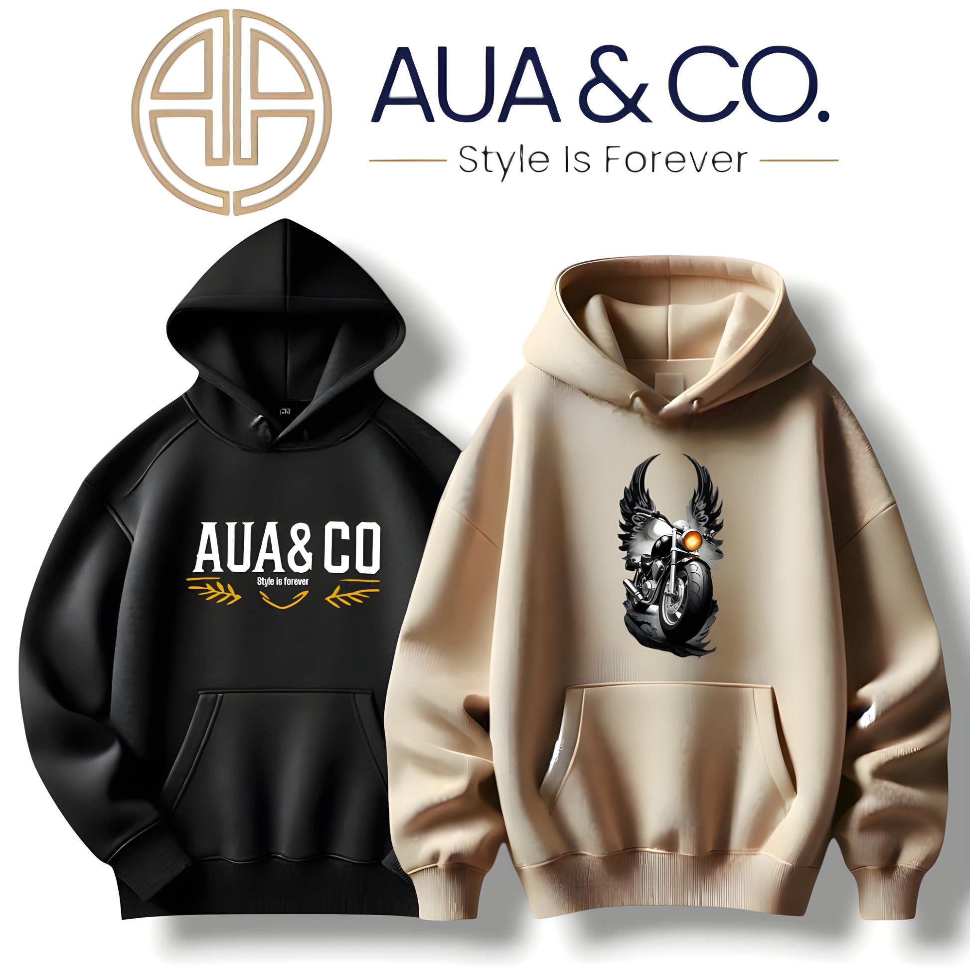 "Bundle of 2 AUA&CO Men's Winter Hoodies in Beige and Black with Unique Designs"