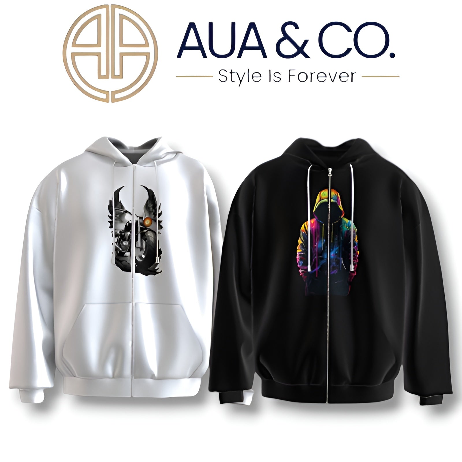 "Bundle of 2 AUA&CO Men's Winter Zipper Hoodies - Black with Hooded Man Graphic & White with Flying Bike Print."