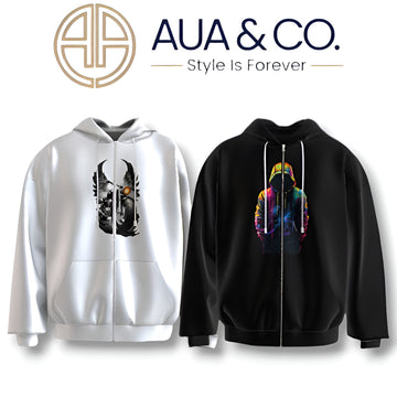"Bundle of 2 AUA&CO Men's Winter Zipper Hoodies - Black with Hooded Man Graphic & White with Flying Bike Print."