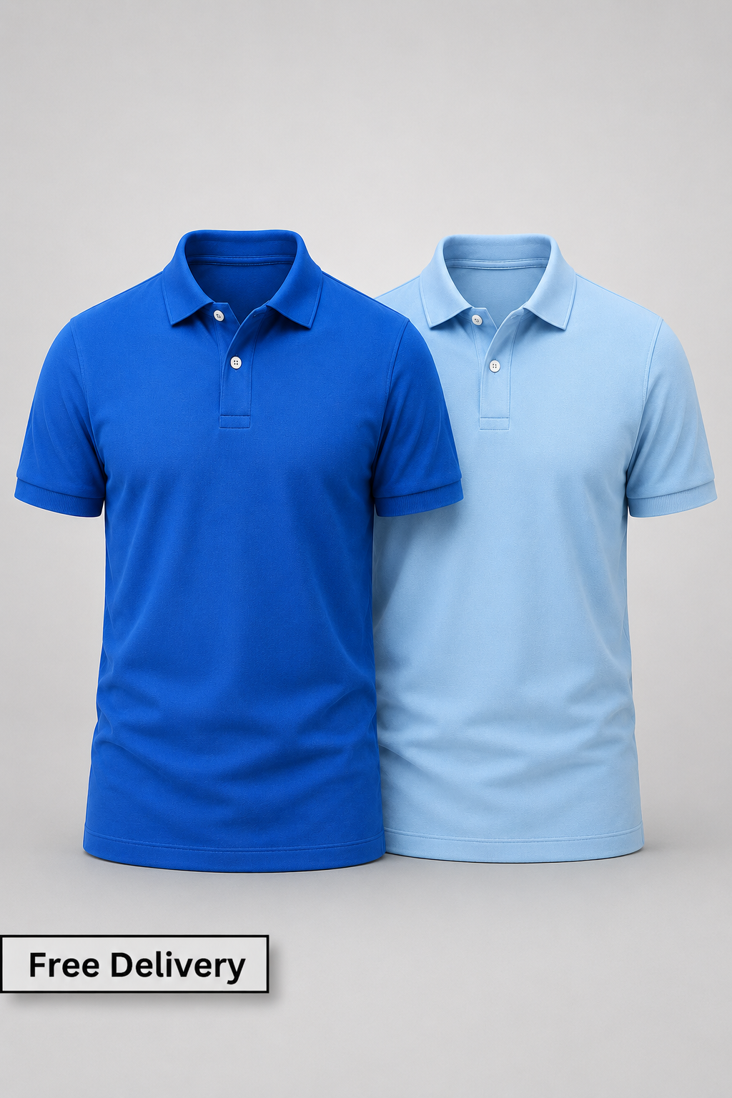 Two polo shirts, one blue and one light blue, on a gray background with 'Free Delivery' text.