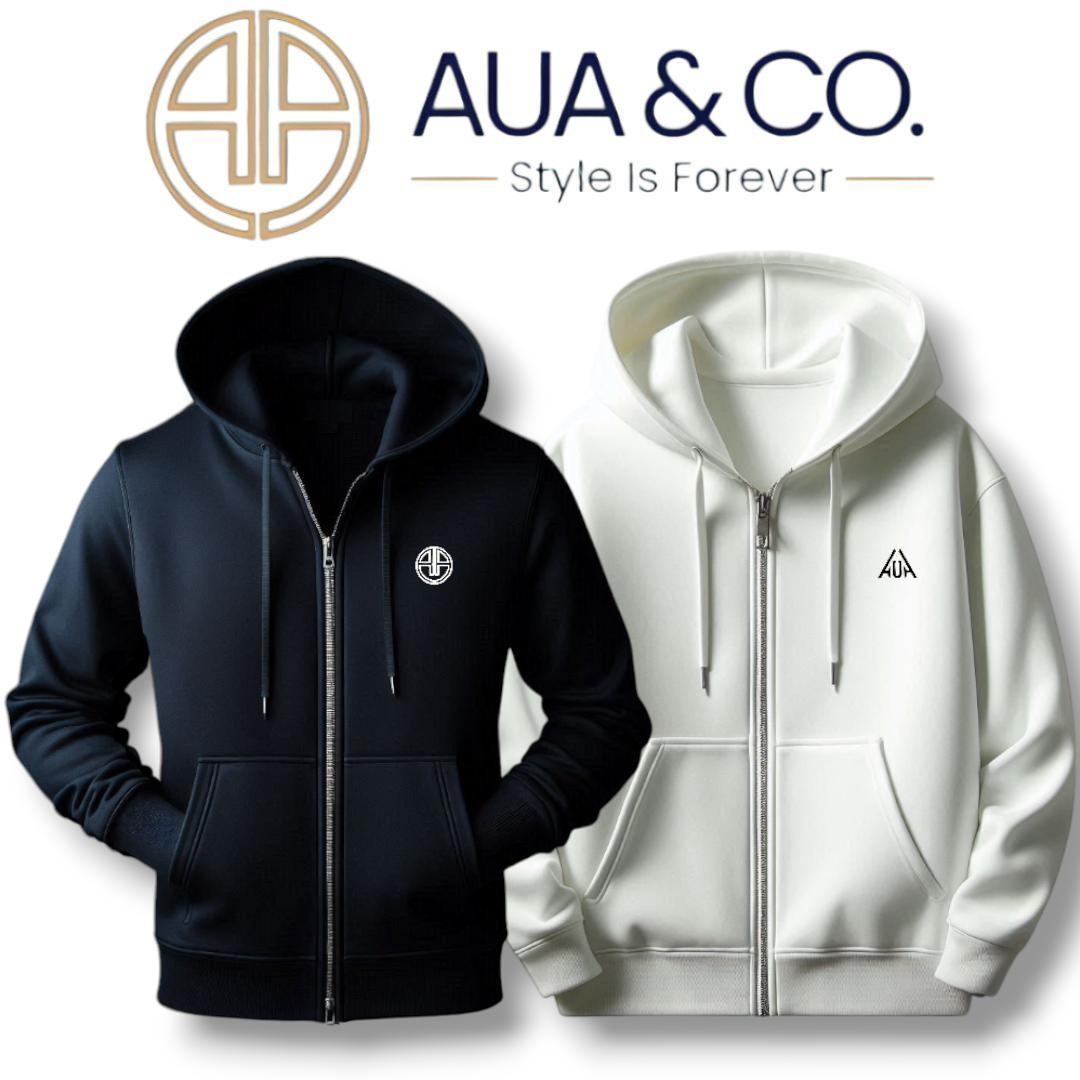 "Blue AUA&CO Full-Zip Hoodie with embroidered logo on the chest"
"White AUA&CO Full-Zip Hoodie with sleek logo on the chest"