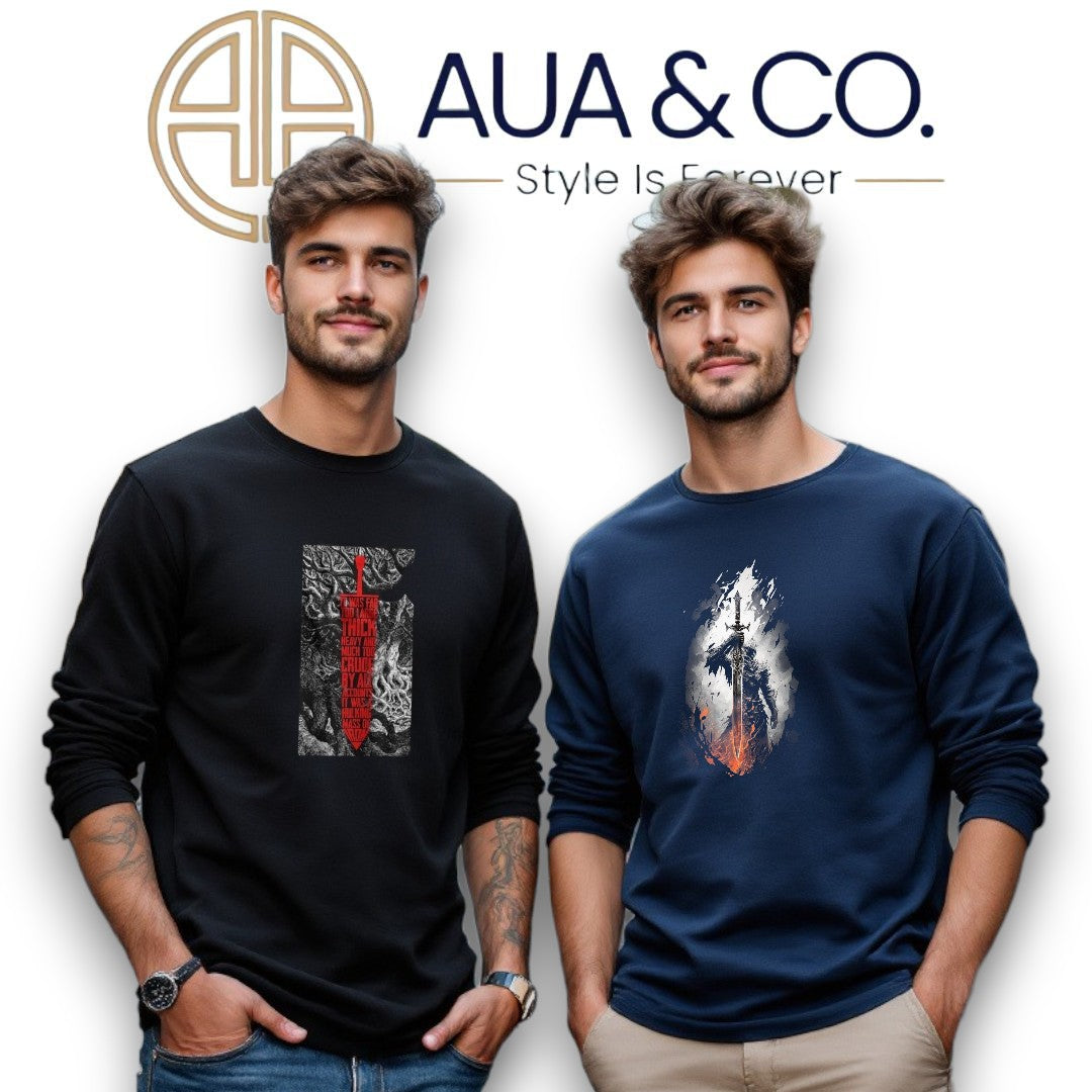 "Men's Long-Sleeve T-Shirts by AUA&CO - Black with Abstract Red Sword Graphic and Navy Blue with Artistic Sword Design. Premium cotton-blend fabric."