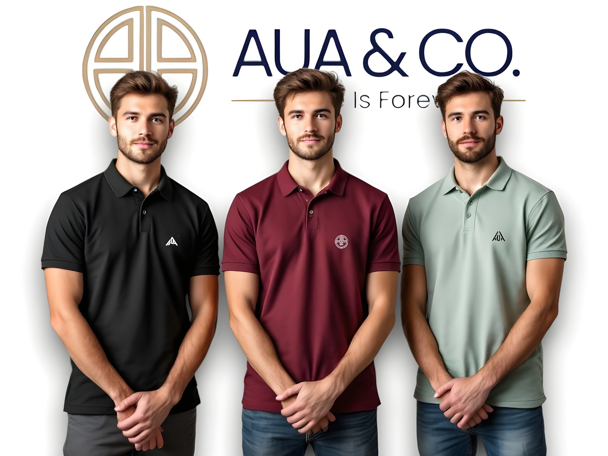 "Set of 3 premium men's polo shirts by AUA&CO in black, red, and mint green, featuring embroidered logos and a classic design."
