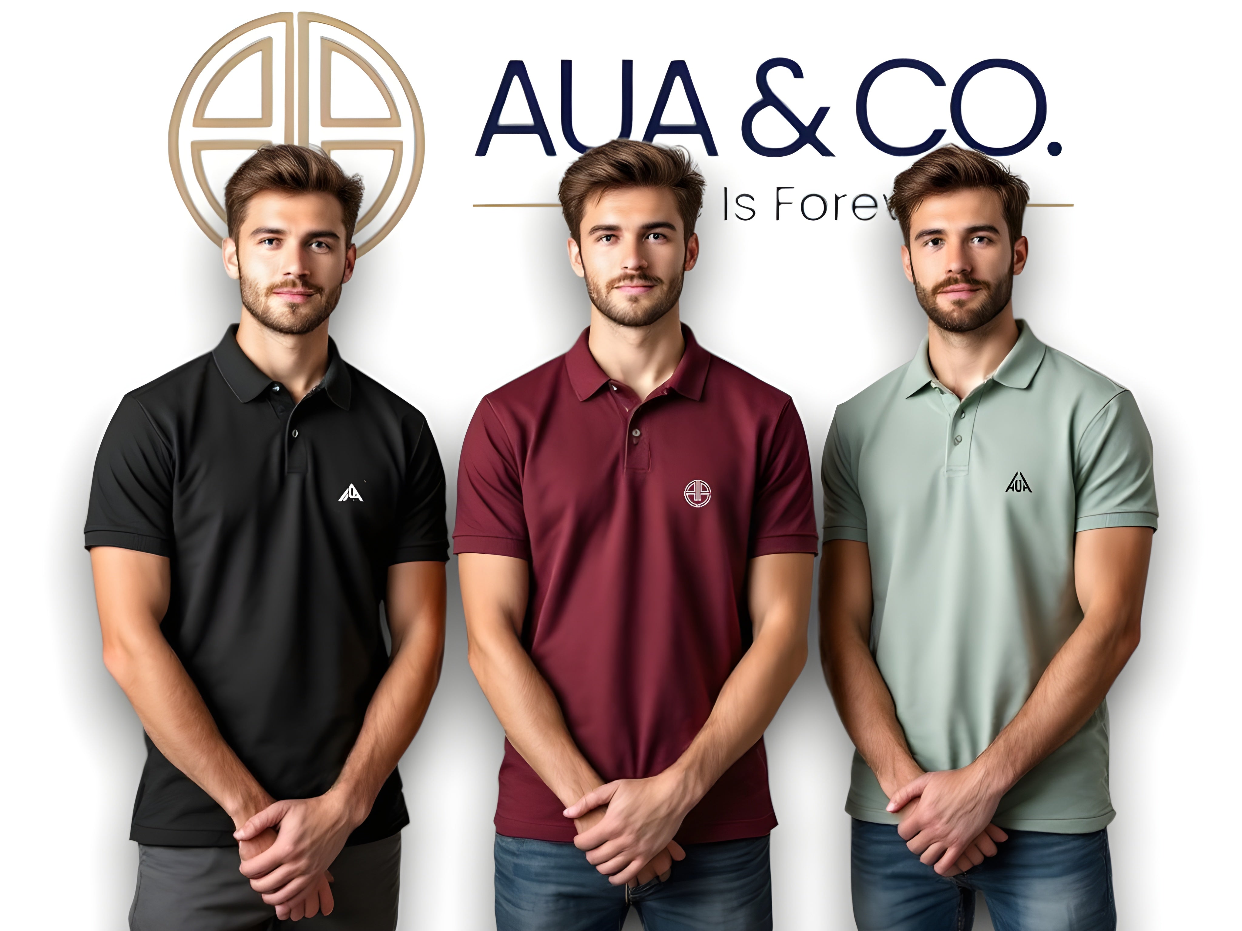 "Set of 3 premium men's polo shirts by AUA&CO in black, red, and mint green, featuring embroidered logos and a classic design."