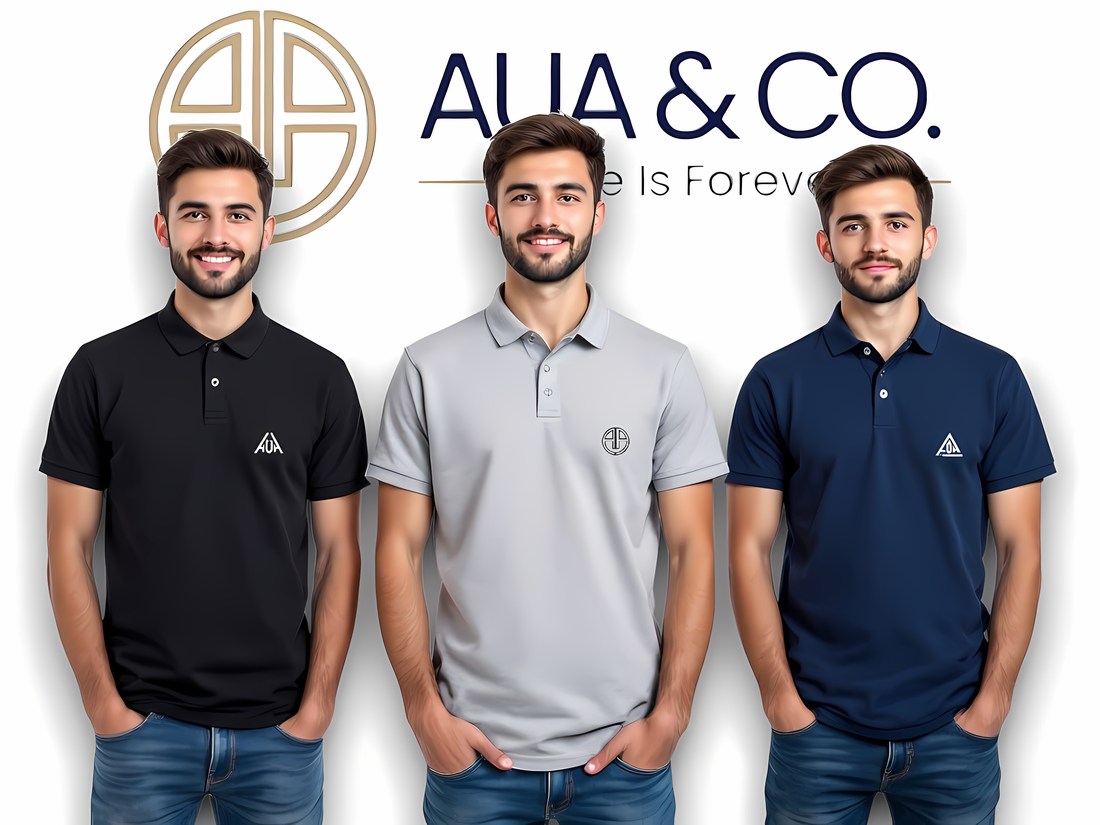 "Set of 3 premium men's polo shirts by AUA&CO in black, grey, and navy blue, featuring embroidered logos and a classic design."