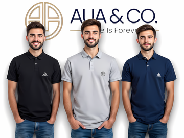"Set of 3 premium men's polo shirts by AUA&CO in black, grey, and navy blue, featuring embroidered logos and a classic design."