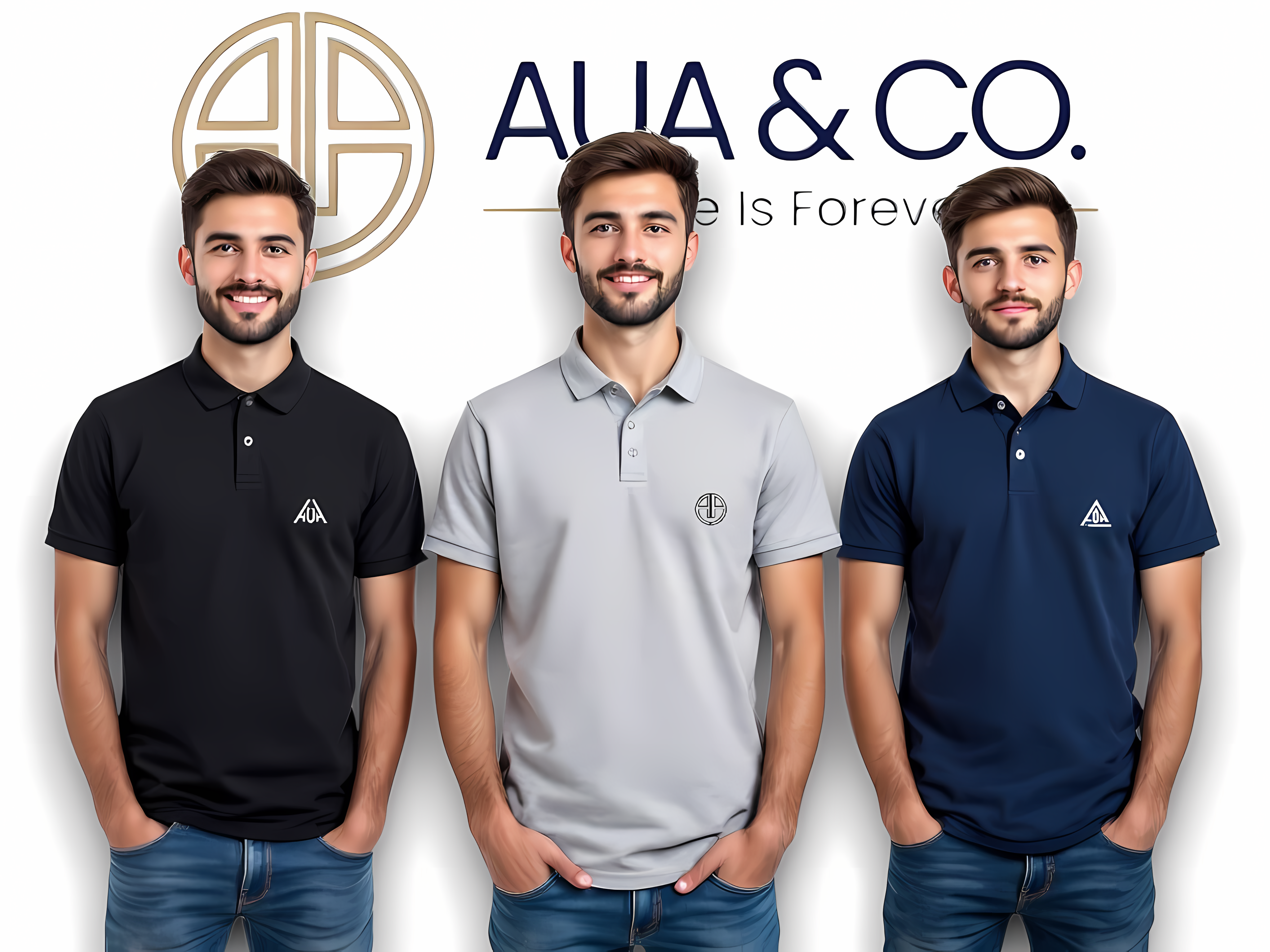 "Set of 3 premium men's polo shirts by AUA&CO in black, grey, and navy blue, featuring embroidered logos and a classic design."