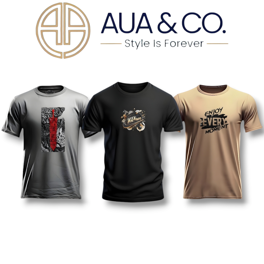 "AUA&CO Men's Summer T-shirt Bundle (3-Pack) – Soft Cotton Fabric, Stylish DTF Prints in Black, Gray, and Beige. Perfect for Summer Comfort and Style."